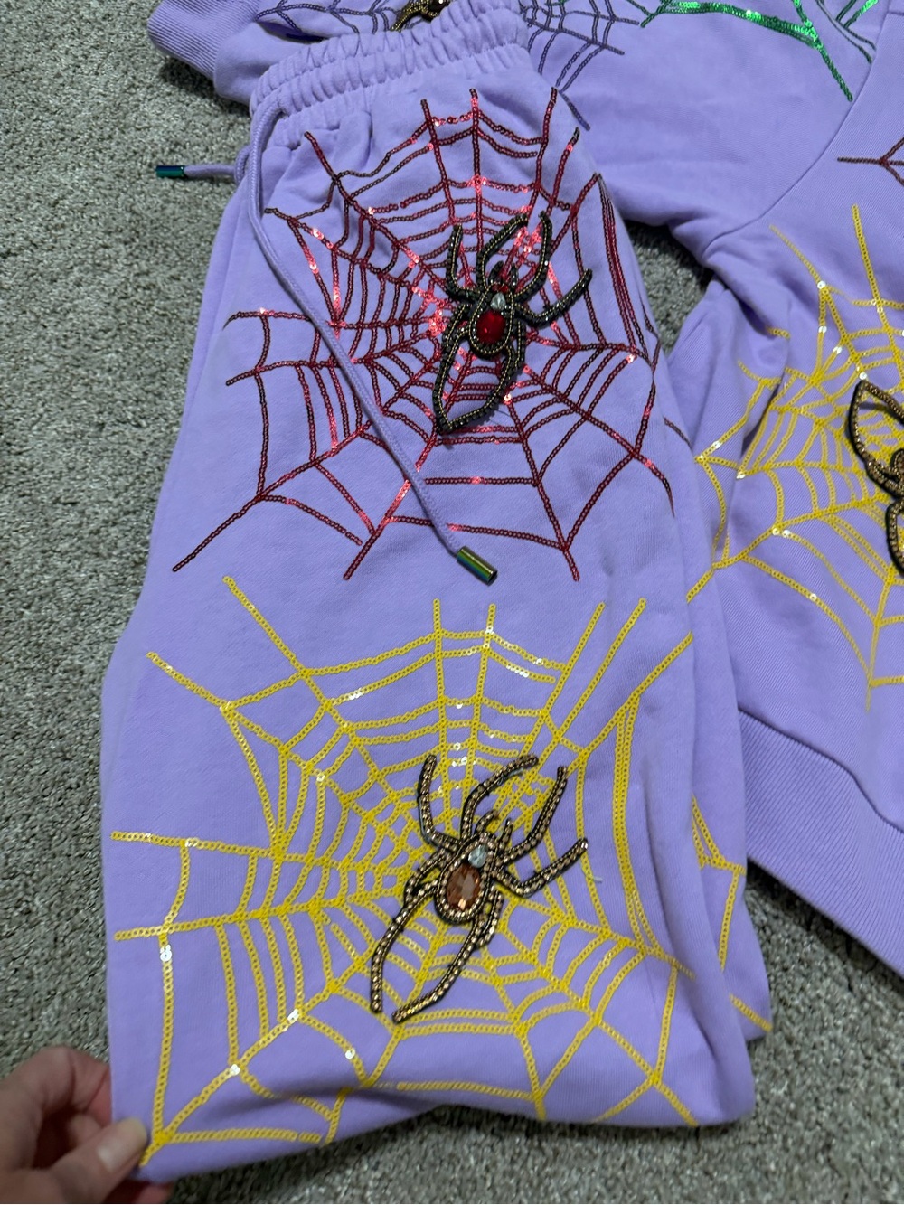QUEEN OF SPARKLES Lavender Sequin Spider Web Sweatshirt/pants set S - Picture 3 of 5